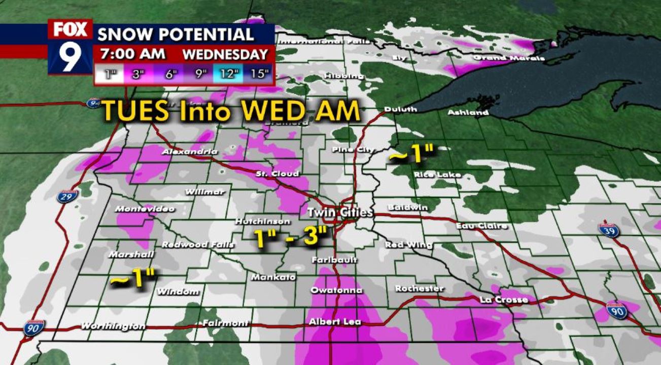 Tuesday afternoon forecast: 1-3 inches of snow possible