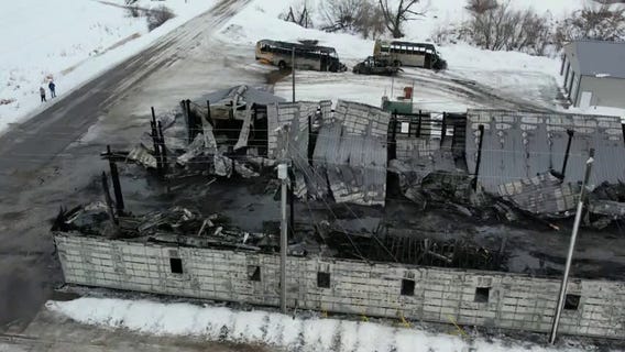 Drone video: Aerial view of Minnesota school bus garage destroyed by fire