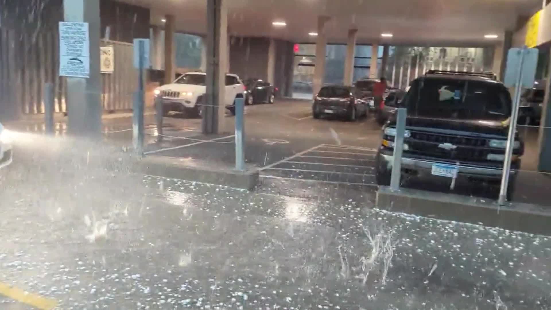 Hail splashes down on Lyndale Ave in Minneapolis