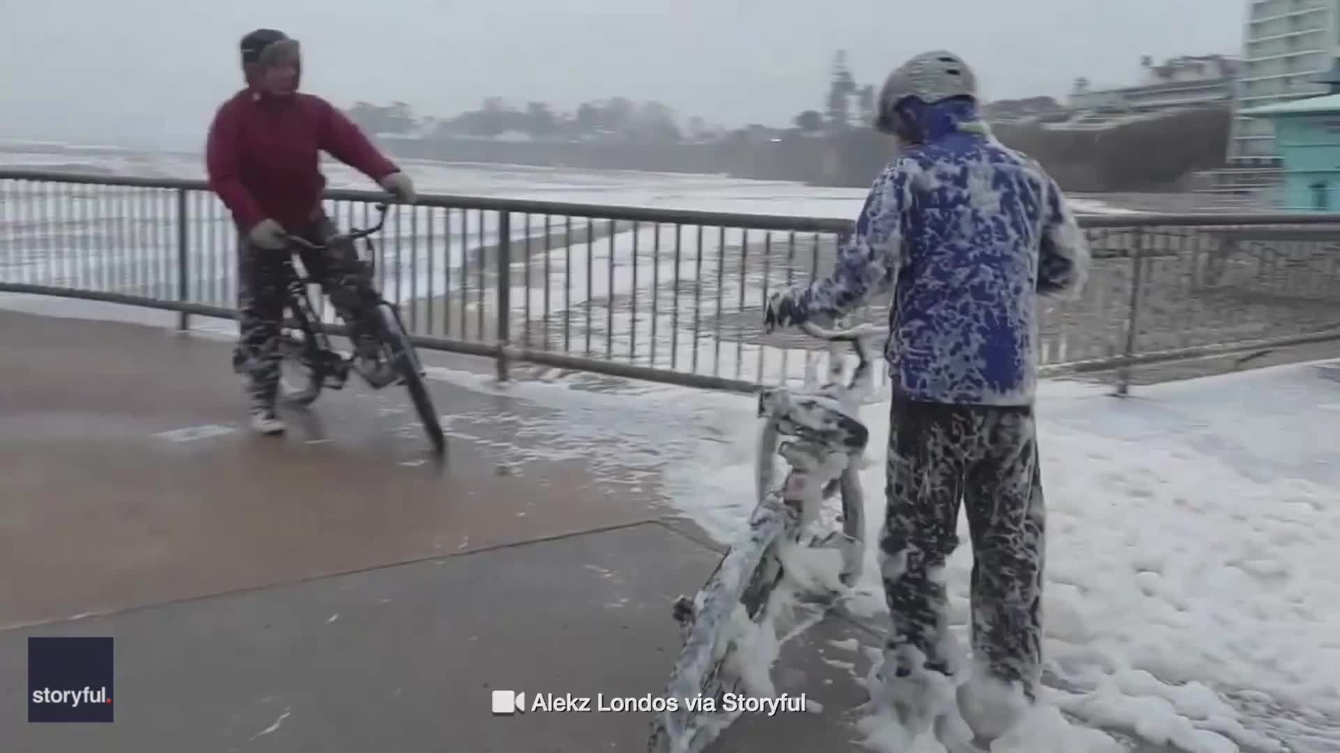 Flying seafoam covered bicyclists in California