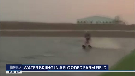 Water skiing on a flooded farm field in Renville, Minnesota
