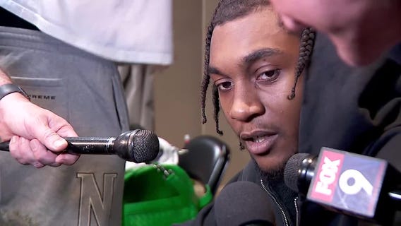 Jaden McDaniels reacts after Wolves eliminate Nuggets