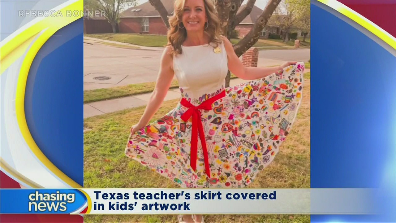 Texas teacher's skirt covered in kids' artwork