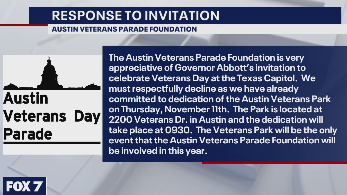 Austin Veterans Parade Foundation 'respectfully declines' Abbott's invitation to host a rally