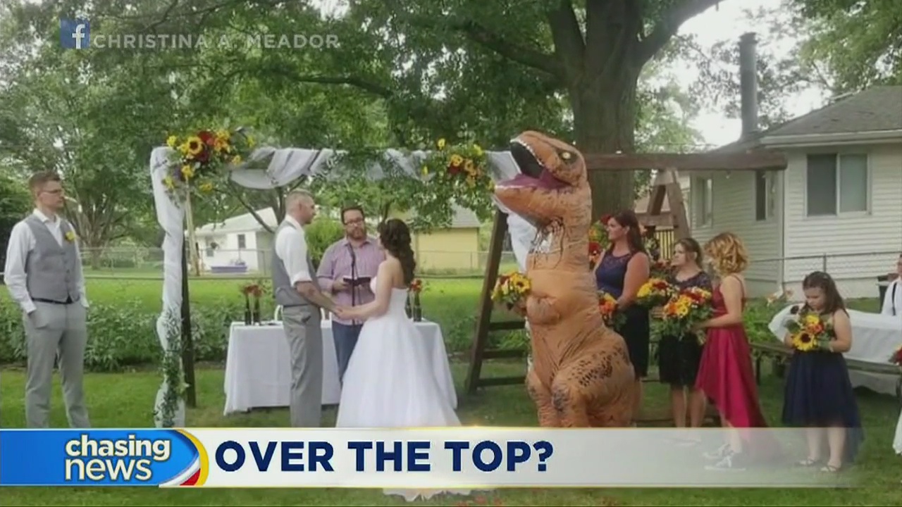 Maid of honor wears T. rex costume
