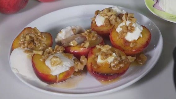 Skillet peaches with a walnut honey glaze and ice cream
