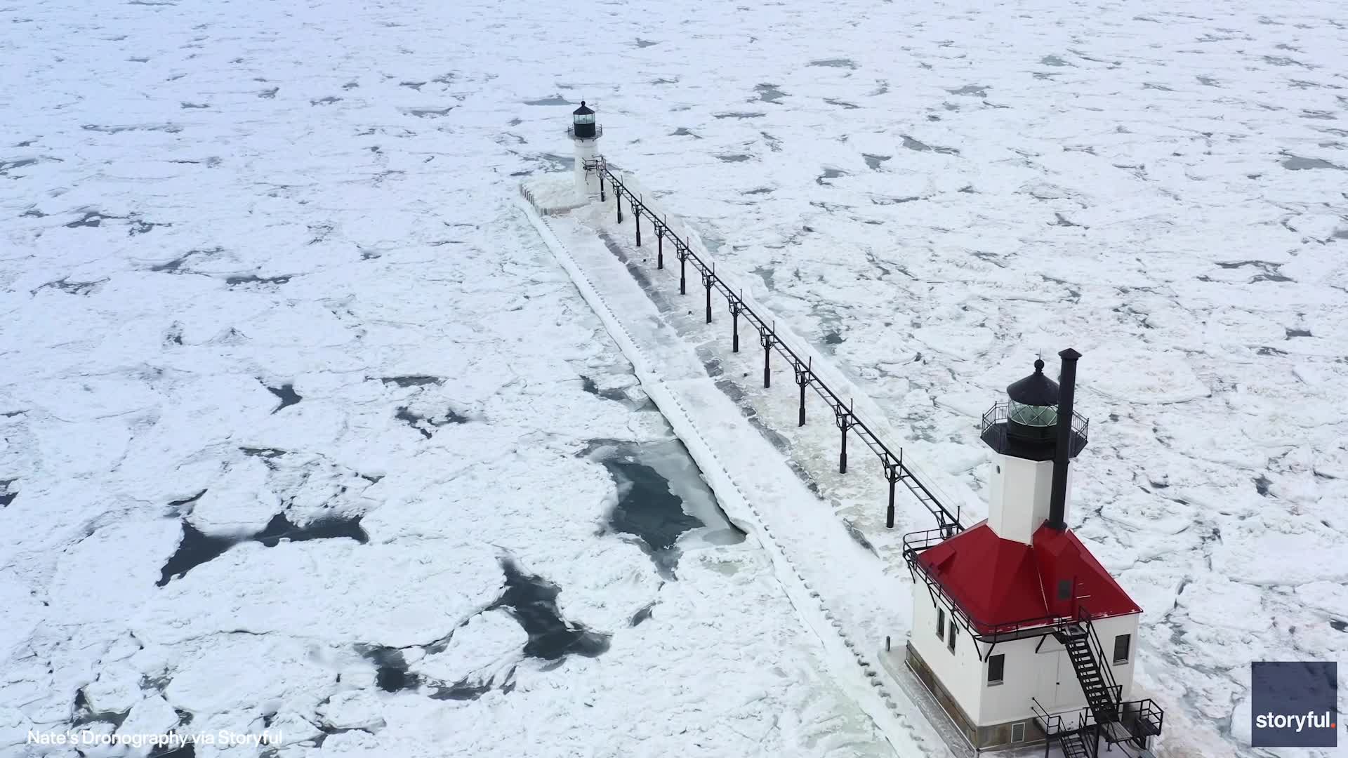 Beautiful drone footage of ice covered Lake Michigan
