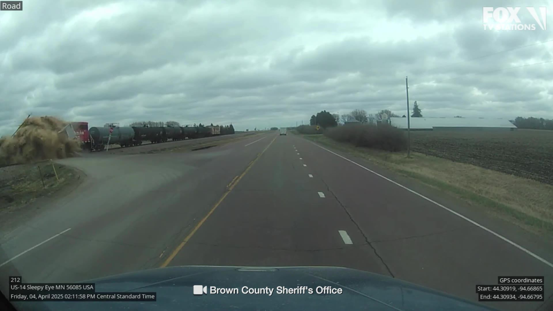 WATCH: Train strikes semi-truck trailer in Sleepy Eye, MN