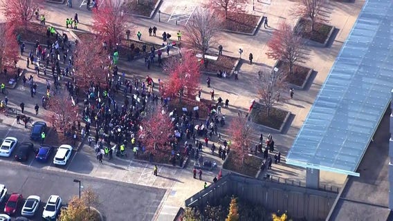 AERIALS: Protesters outside Kristi Noem press conference