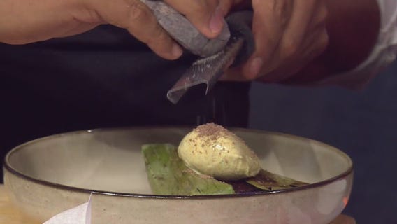 Mexican chocolate tamal with ?pinole? ice cream