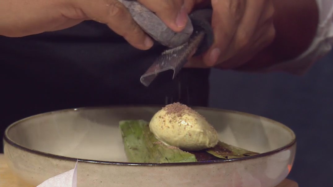 Mexican chocolate tamal with ?pinole? ice cream