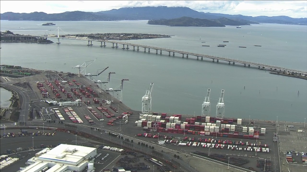 SkyFOX over Port of Oakland where Grand Princess will dock