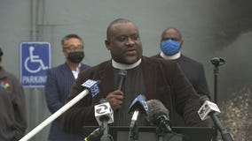 Rev. Michael McBride holds a news conference following an arson at The Way Church in Berkeley