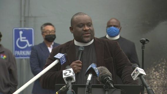 Rev. Michael McBride holds a news conference following an arson at The Way Church in Berkeley