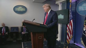 President Donald Trump holds a Friday news briefing from the White House