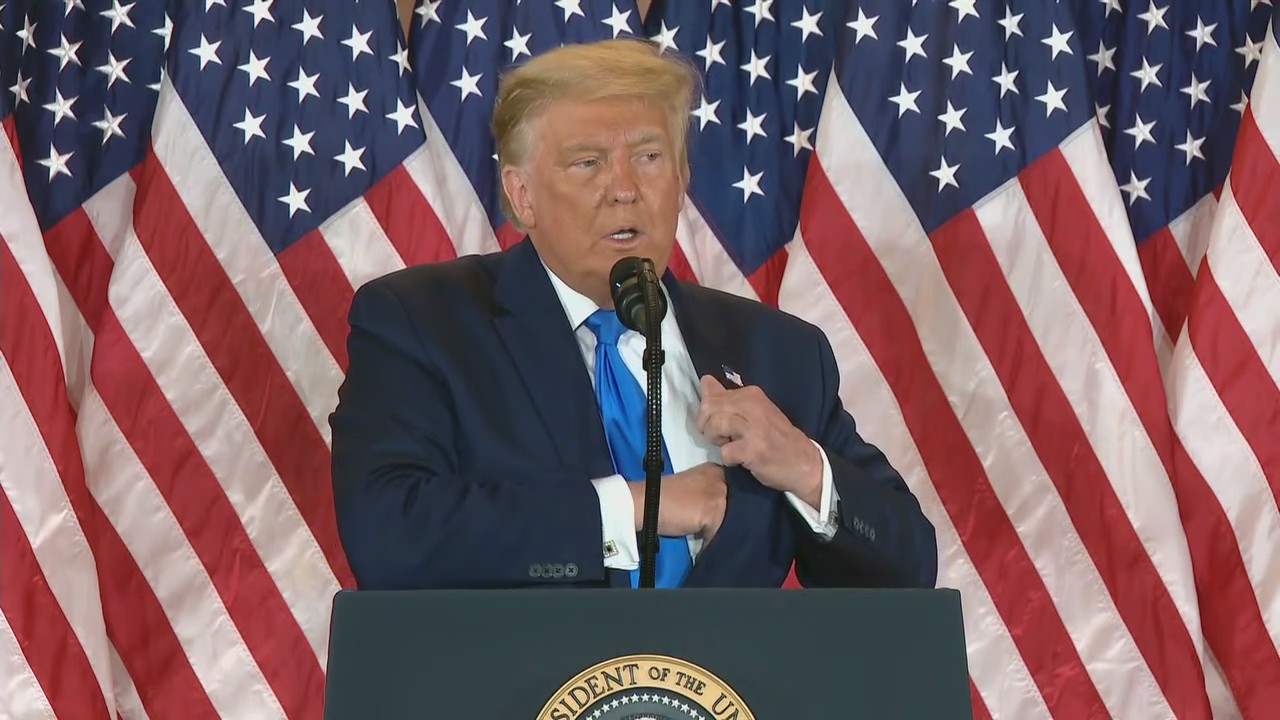 President Donald Trump makes remarks from the White House on the presidential race