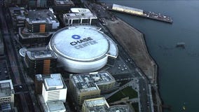 SkyFOX over Chase Center in San Francisco as voting continues