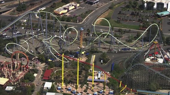 SkyFOX over the newly-reopened Six Flags Discovery Kingdom theme park