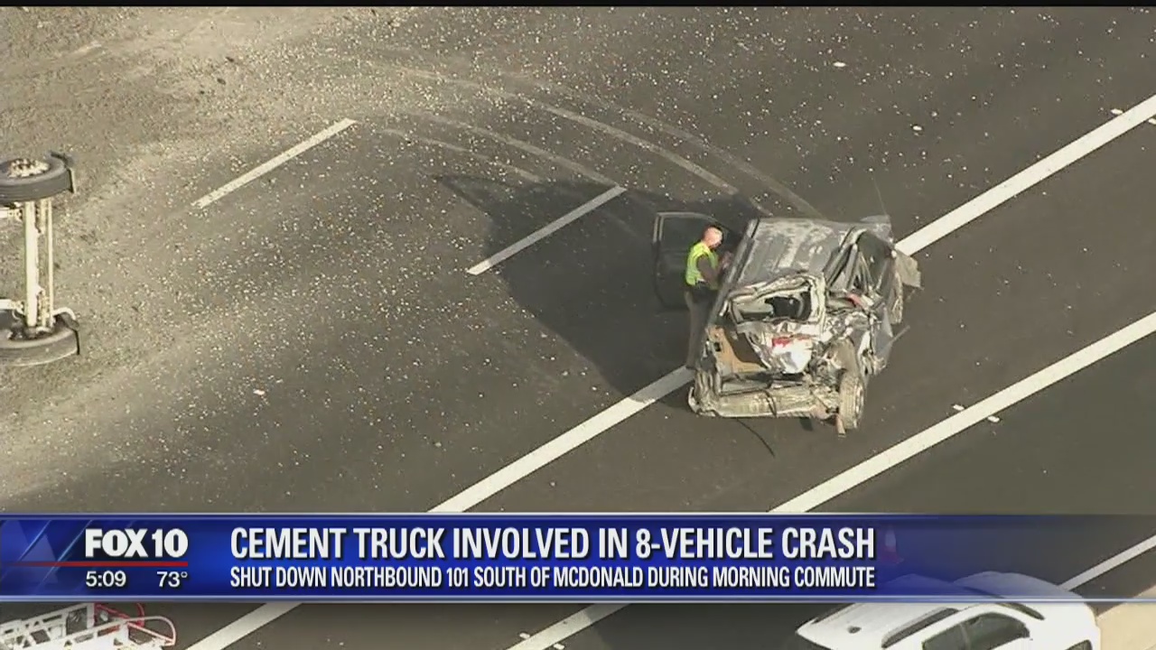 Cement truck rollover crash snarls traffic on Loop 101 | FOX 10 Phoenix