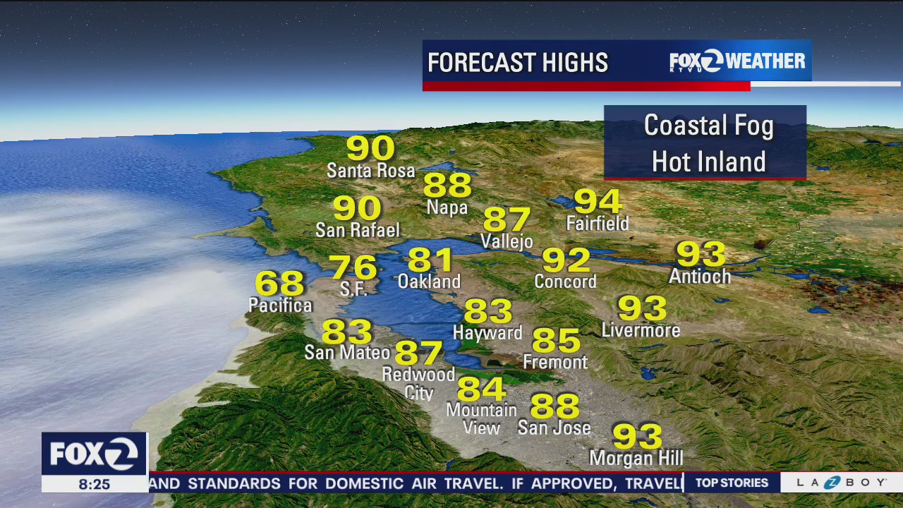 Coastal fog, hot inland