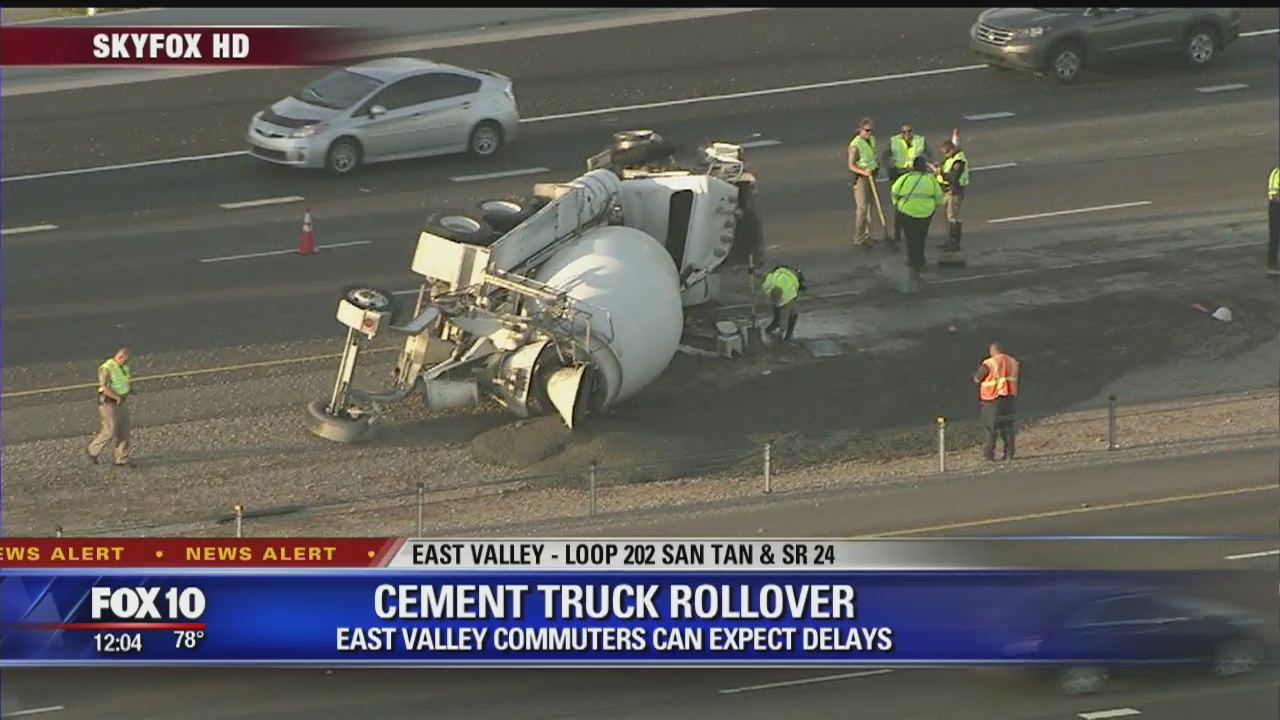 Cement truck rollover blocks traffic on Loop 202
