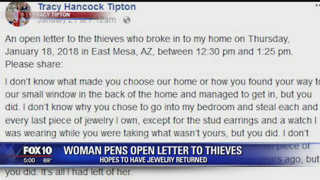 Woman writes open letter to thieves, hopes to have jewelry returned