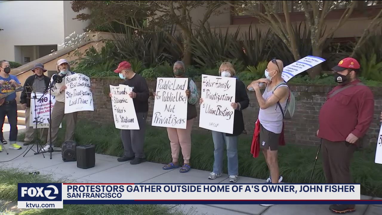 Oakland workers protest at A's owner's house against stadium plans