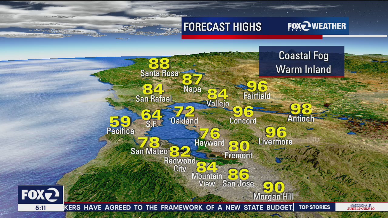 Coastal fog, warm inland