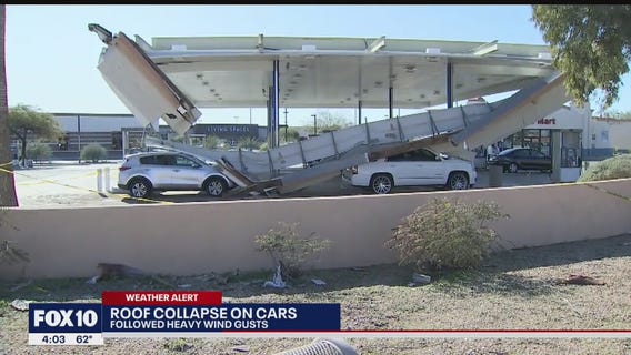Over 1 week after severe storm, cars still trapped beneath roof at gas station