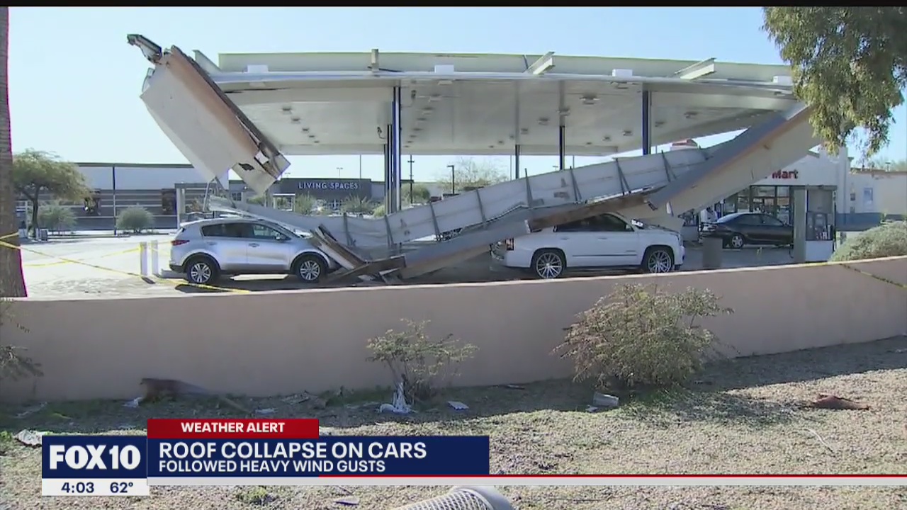 Over 1 week after severe storm, cars still trapped beneath roof at gas station