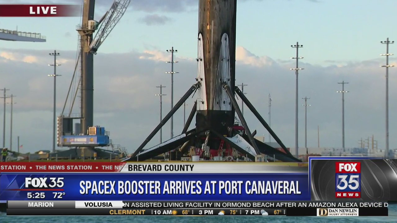 SpaceX booster rocket arrives at Port Canaveral