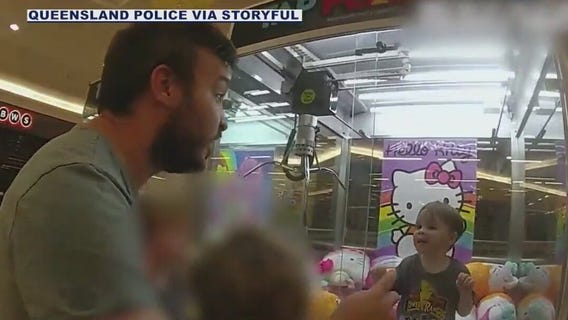 Toddler gets stuck in Hello Kitty claw machine