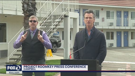 Gov. Newsom announces "Project Roomkey" outside of Motel 6 in Campbell