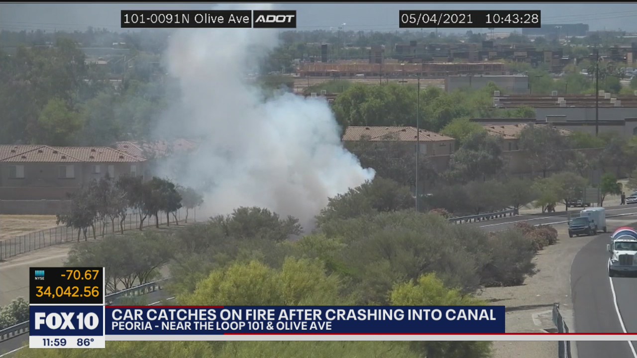 Car catches fire after crashing into canal in Peoria | FOX 10 Phoenix