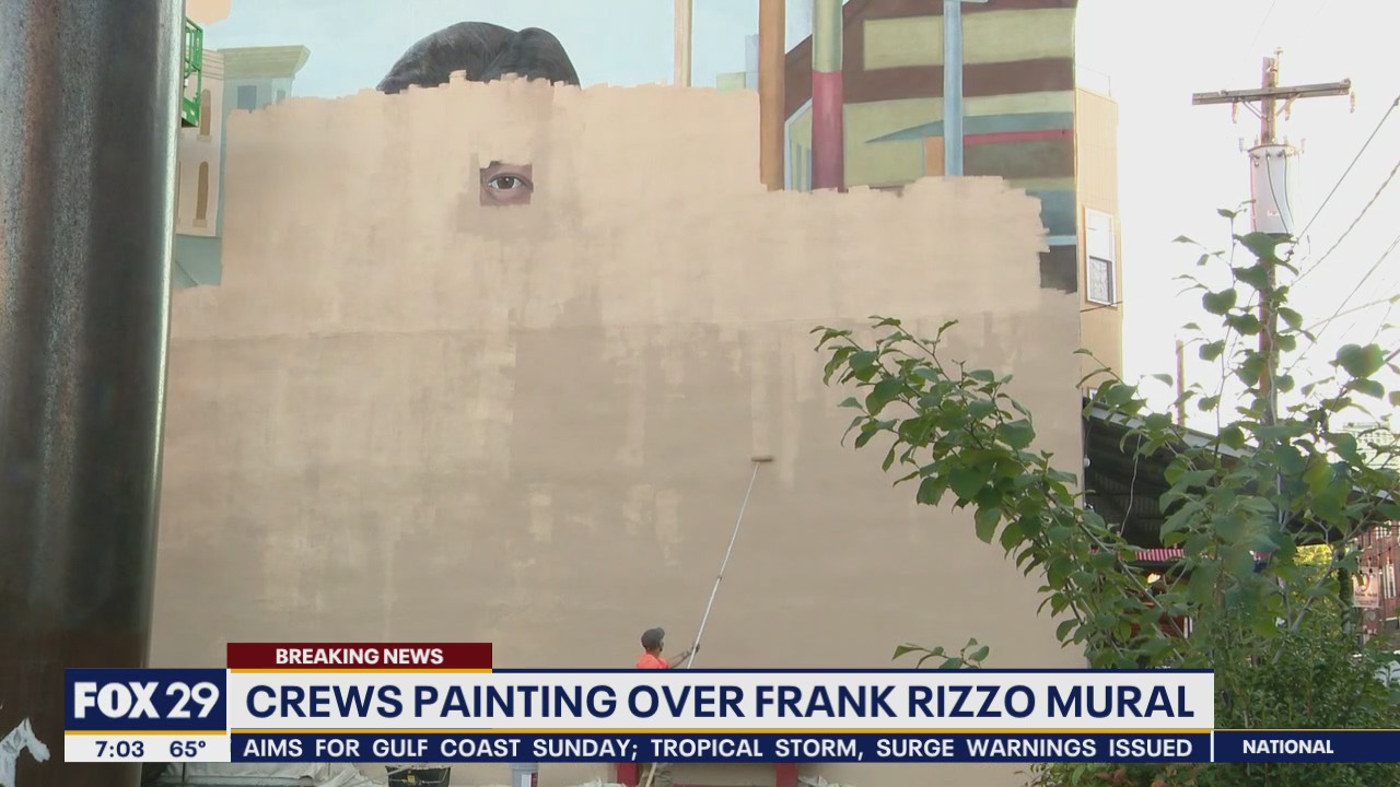 Crews painting over Frank Rizzo mural in South Philadelphia