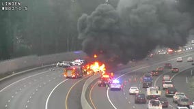 Car catches fire after collision south of Tacoma forcing closure of I-5 in both directions
