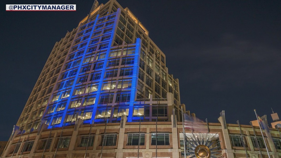 Phoenix City Hall lights up blue and yellow in support of Ukraine