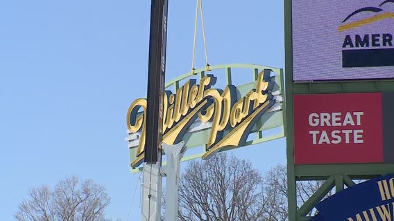 Miller Park sign comes down from structure outside of stadium