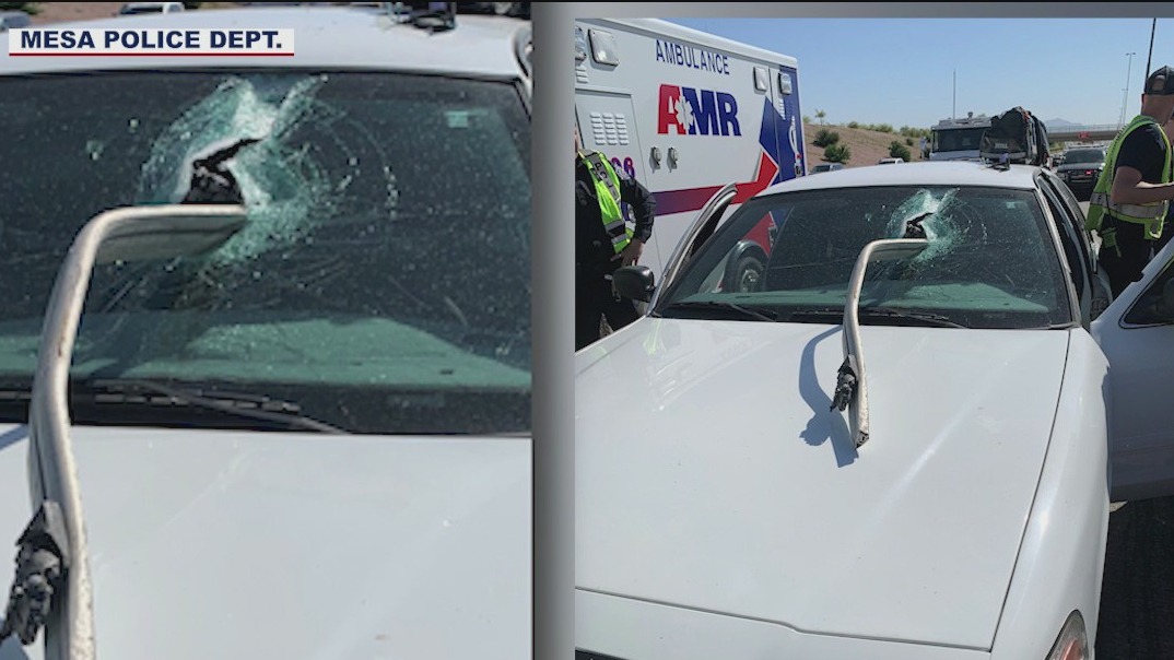 Mesa Police officer's windshield impaled by part of a luggage rack