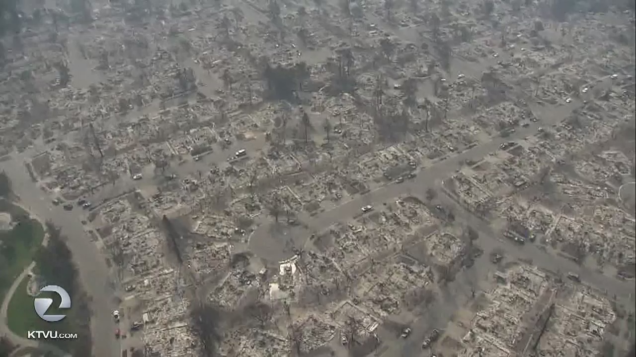 Extensive fire damage seen from above Santa Rosa