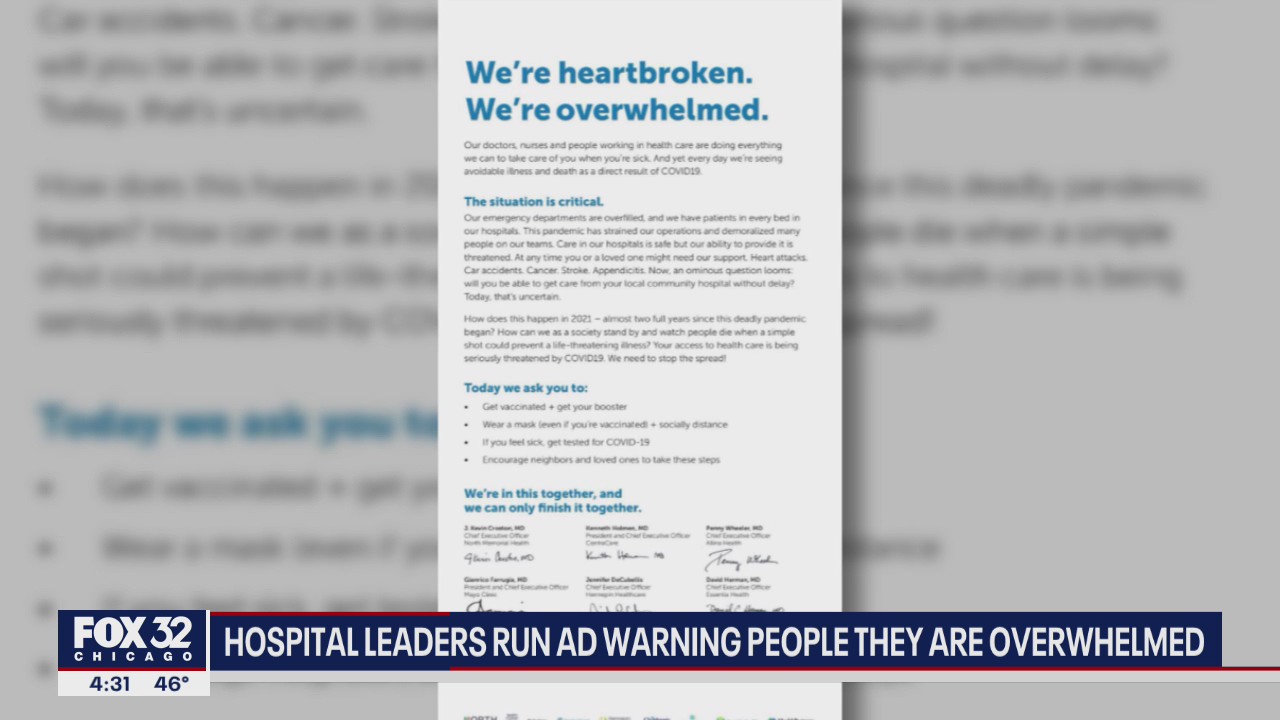 Hospital leaders run ad warning people they're overwhelmed with COVID patients