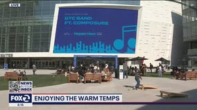 Golden State Warriors host happy hour outside Chase Center in San Francisco