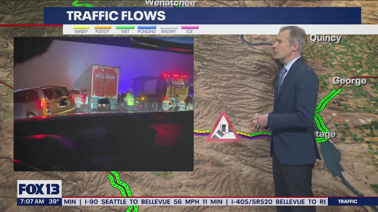 Crashes involving 30 cars shut down I-90 East near Ellensburg