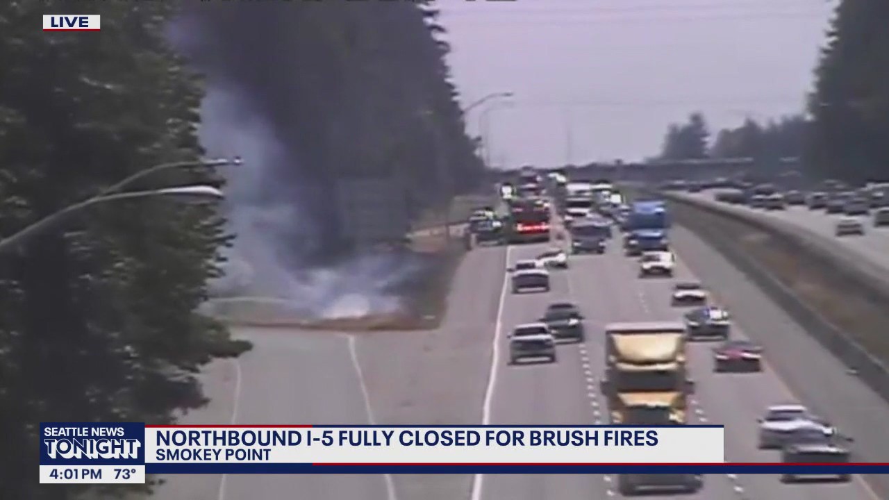Northbound I-5 fully closed after multiple brush fires near Smokey Point, WA