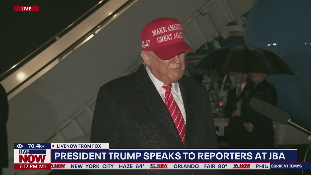 Trump talks steel, Elon Musk with reporters at JBA