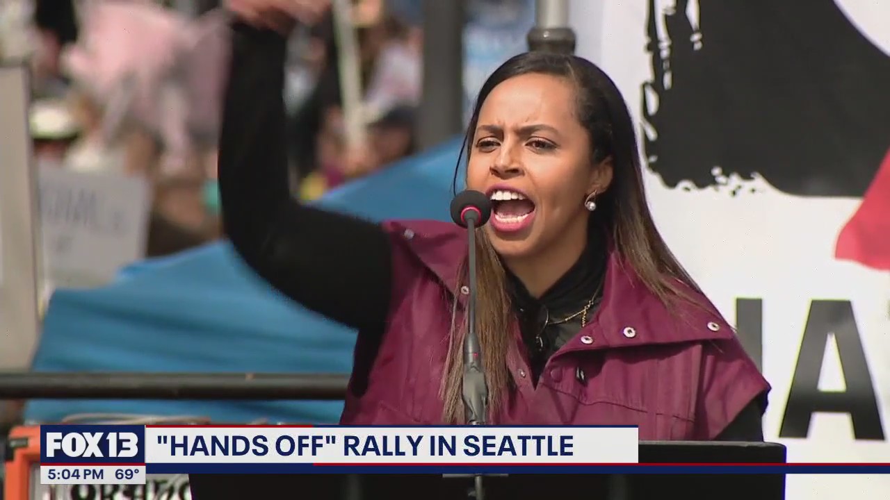 Thousands attend 'Hands Off' rally in Seattle against Trump, Musk