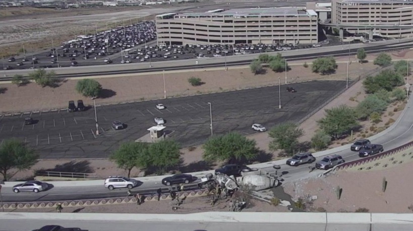 Overturned cement truck near Sky Harbor