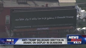 Anti-Trump billboard written in Arabic on display in Dearborn
