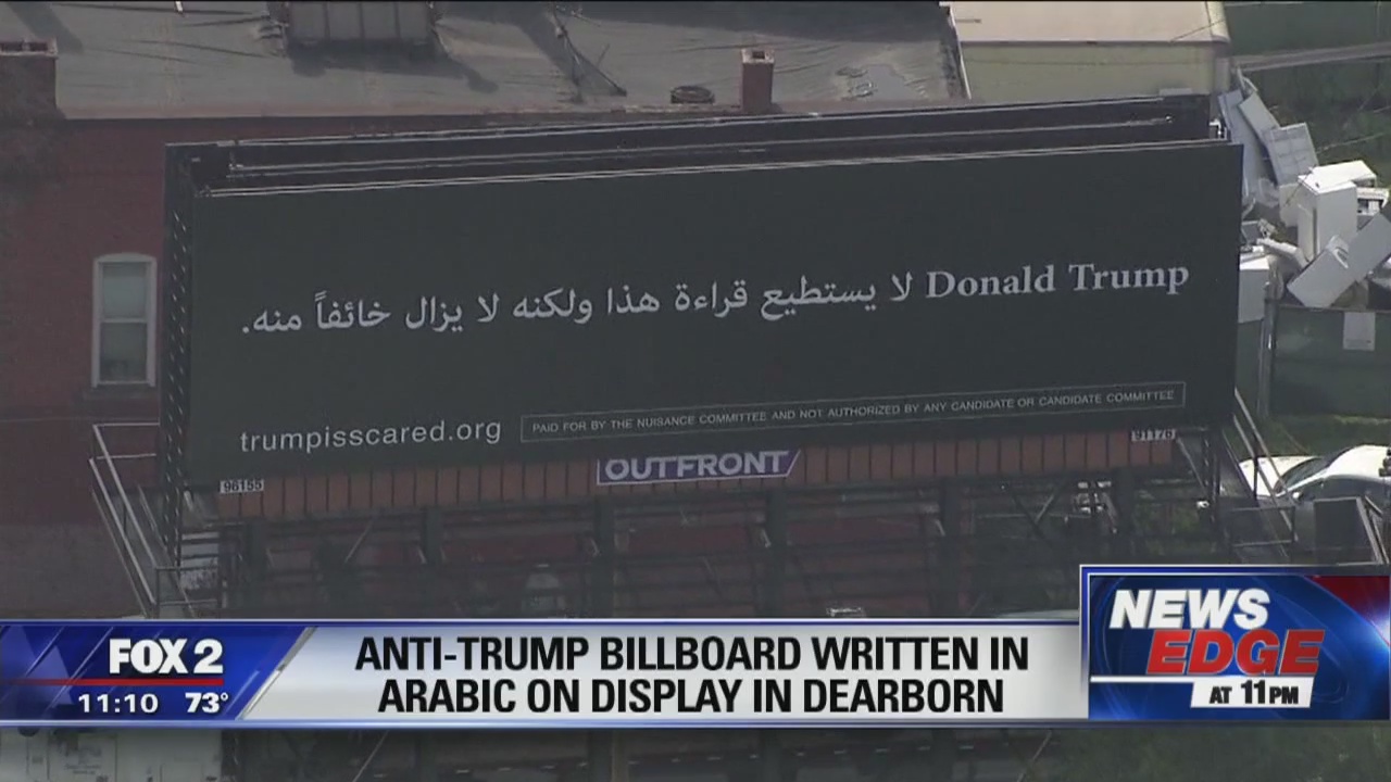Anti-Trump billboard written in Arabic on display in Dearborn