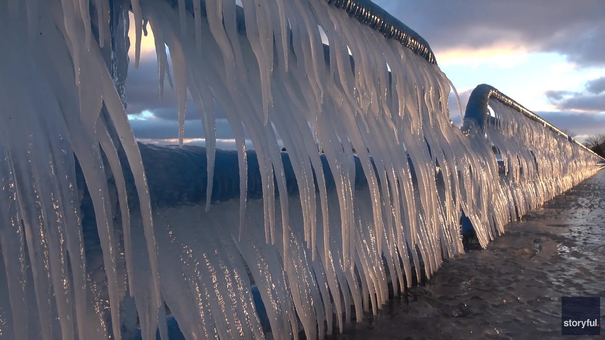 Video: Walls of icicles cover Lake Michigan pier as bitterly cold temperatures settle over Great Lakes